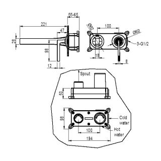 Смеситель для раковины Boheme  Duo из стены 2х-позиционный GOLD золото