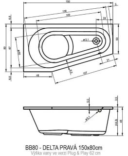 Акриловая ванна Riho Delta Plug and Play B066007005 R 150х80см белый