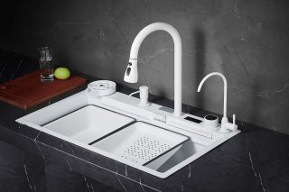 Многофункциональная кухонная мойка Savol S-SC002W с водопадом 75см белый