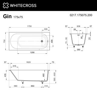 Ванна из искусственного камня WHITECROSS Gin 0217.175075.200 175x75 см белый матовый