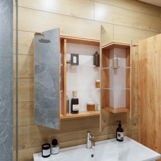 Зеркальный шкаф с подсветкой Бриклаер Форест 4627125414725 100 см дуб золотой/антрацит