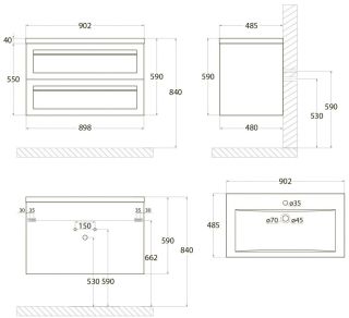 Подвесная тумба под раковину Art&Max Platino 90см белый матовый AM-Platino-900-2C-SO-BM