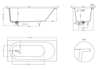 Ванна из искусственного камня Salini Ornella Kit S-Sense 102411GRH 170x75см RAL снаружи