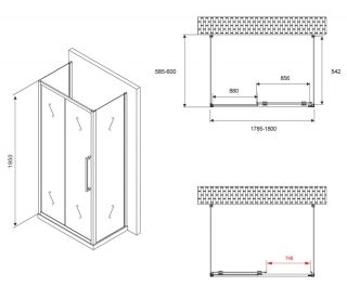 Душевой уголок ABBER Schwarzer Diamant AG30180BH-S60B-S60B 180x60см чёрный