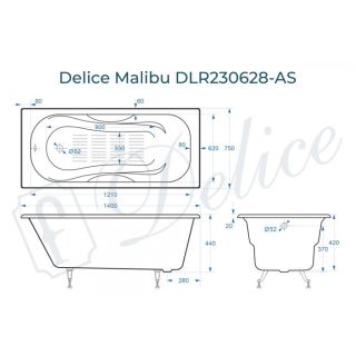 Ванна чугунная Delice Malibu DLR230628-AS 140х75 с антискользящим покрытием