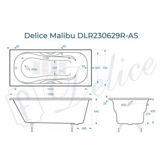 Ванна чугунная Delice Malibu DLR230629R-AS 160х75 с отверстиями под ручки и антискользящим покрытием