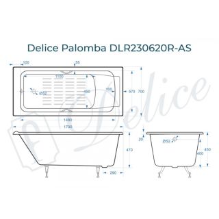 Ванна чугунная Delice Palomba DLR230620R-AS 170х70 с отверстиями под ручки и антискользящим покрытием